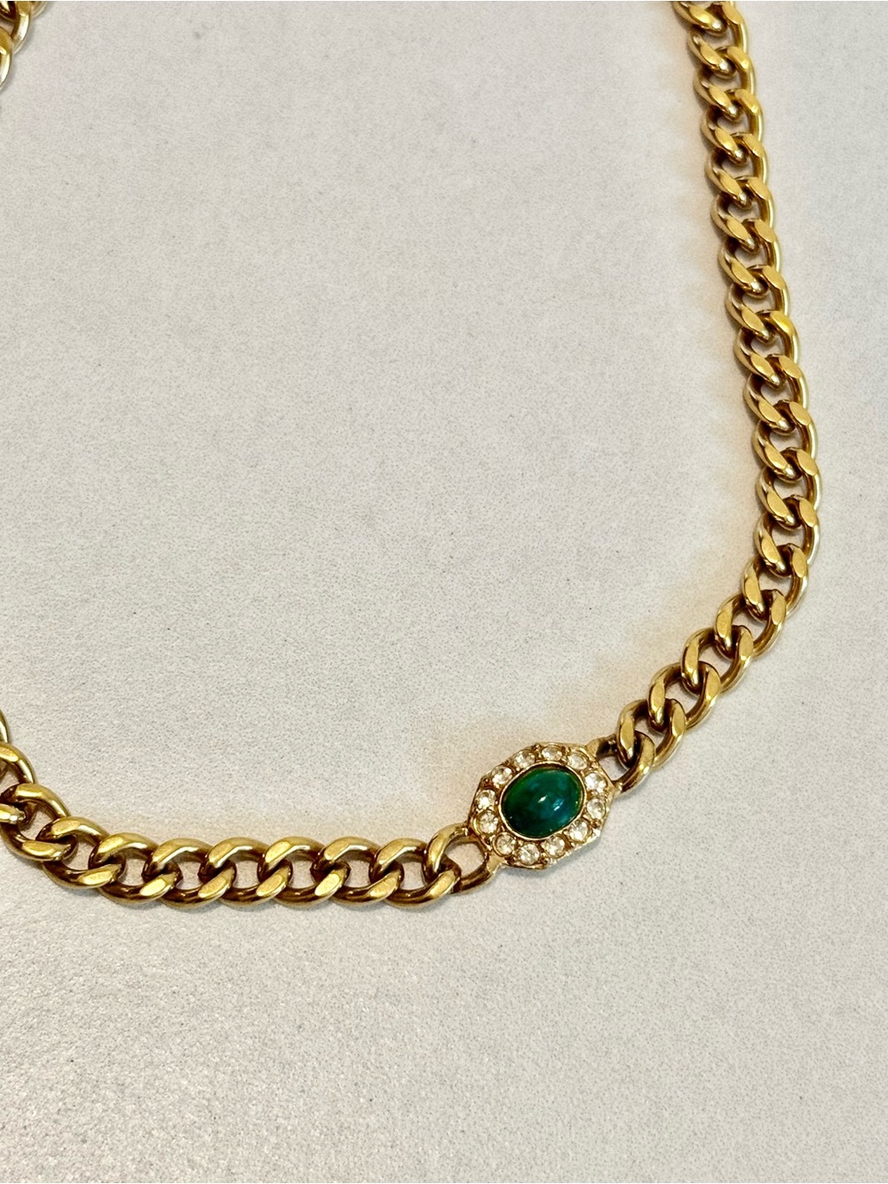 Ciner Vintage Gold Chain Necklace with Green Stone and Crystal 18k GP